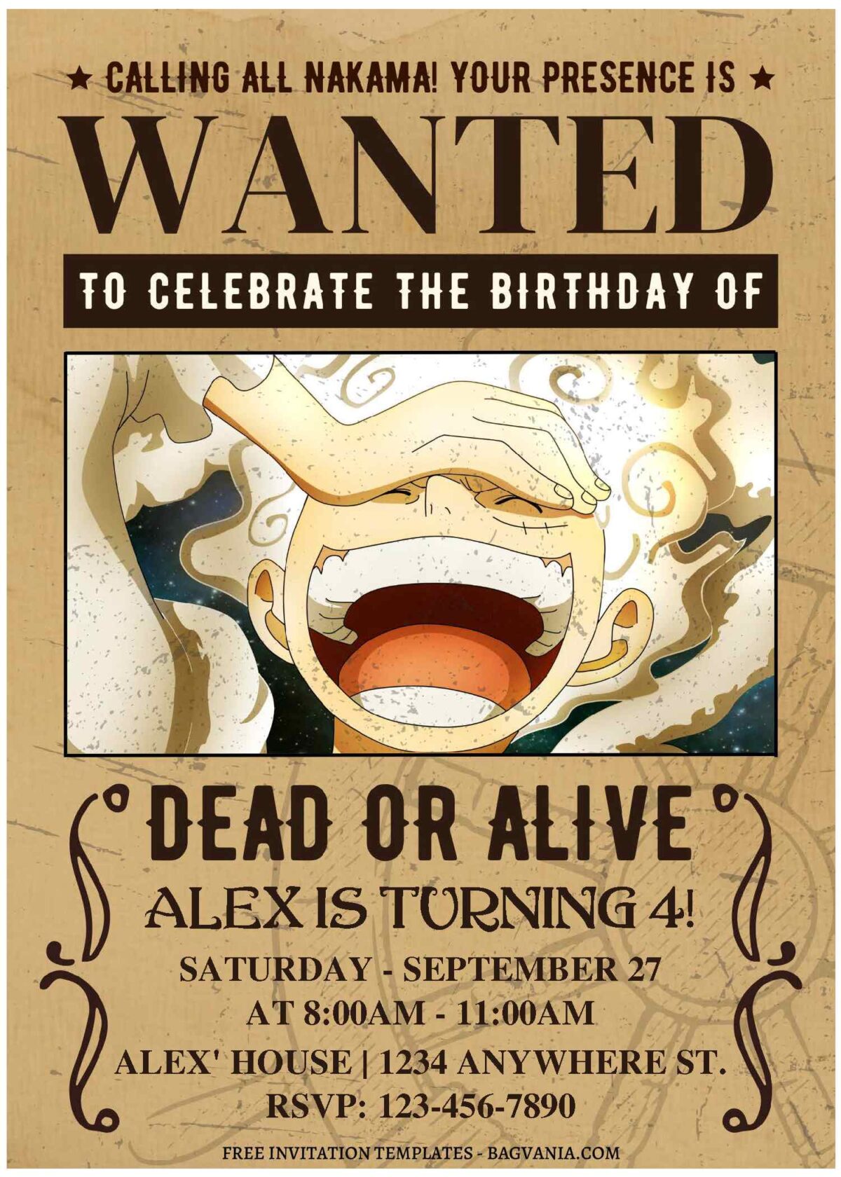 (Free Editable PDF) Beyond Limit Luffy Gear 5th One Piece Birthday Invitation Templates C