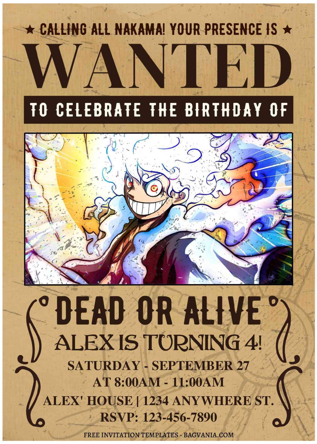 (Free Editable PDF) Beyond Limit Luffy Gear 5th One Piece Birthday Invitation Templates with vintage paper background