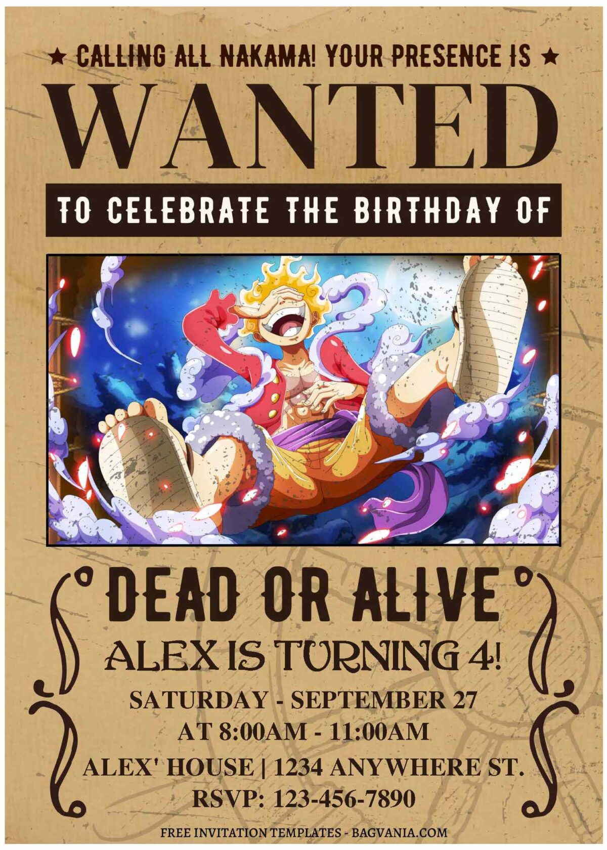 (Free Editable PDF) Beyond Limit Luffy Gear 5th One Piece Birthday Invitation Templates A