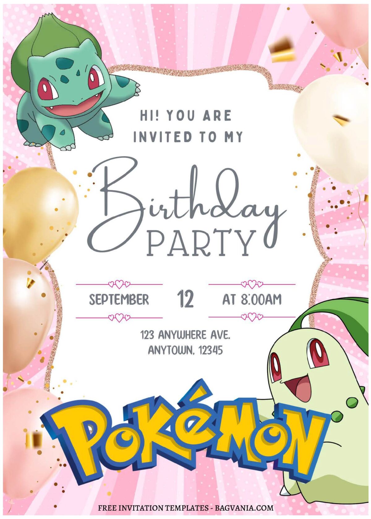 (Free Editable PDF) Shimmering Pokemon Girl Birthday Invitation Templates B