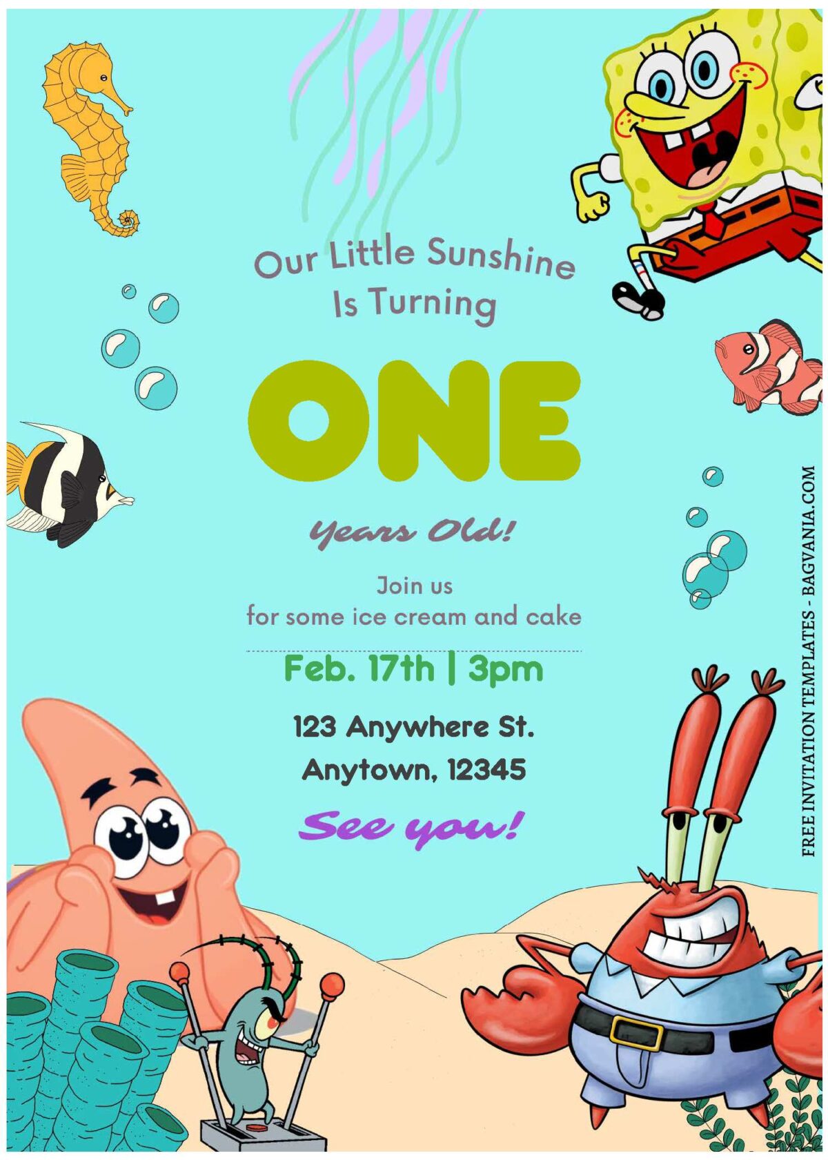 (Free Editable PDF) Bubbly Fun SpongeBob Birthday Invitation Templates B