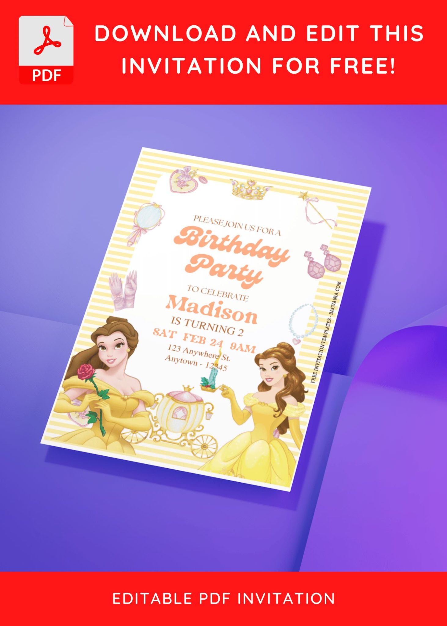 (Free Editable PDF) Cute Belle Beauty And The Beast Birthday Invitation ...