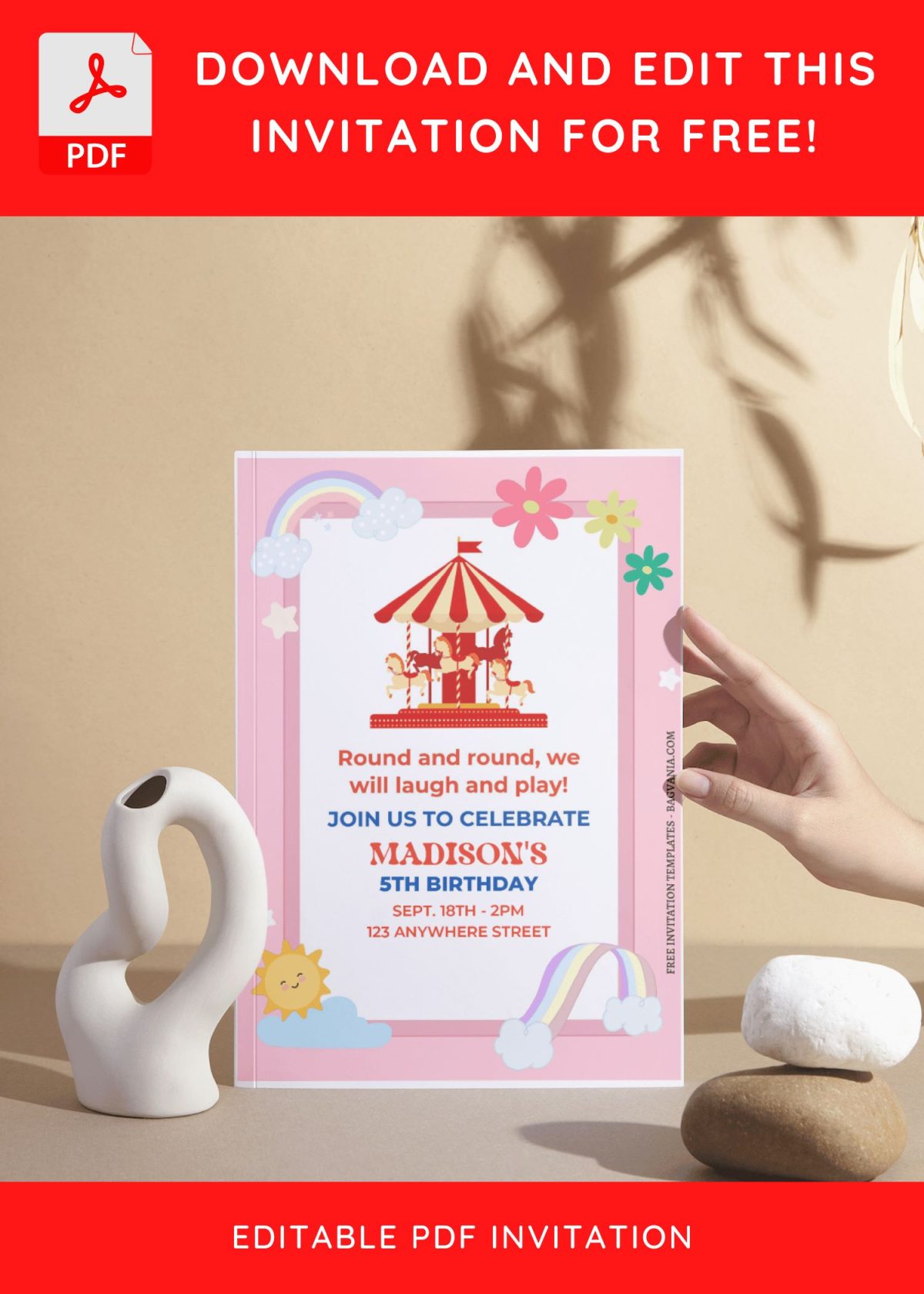 (Free Editable PDF) Cute Merry Go Round Birthday Invitation Templates I