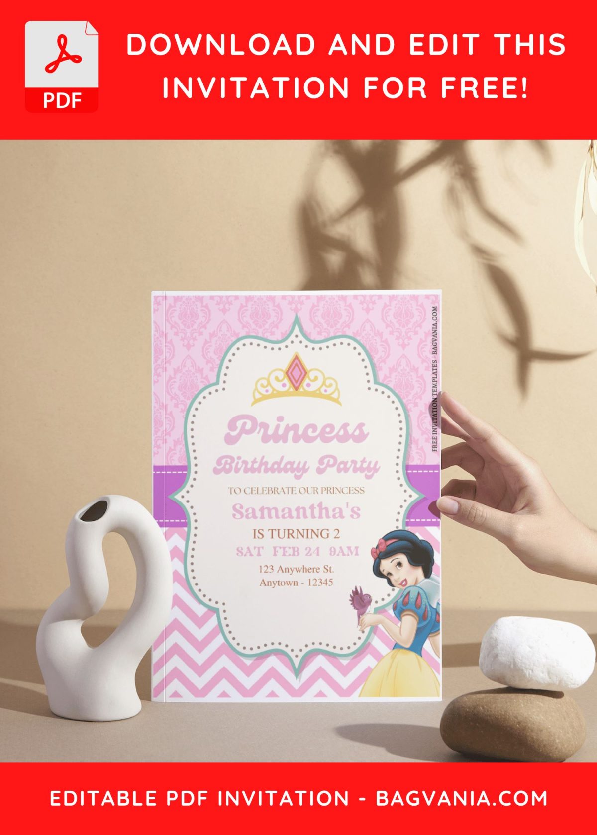 (Free Editable PDF) Disney Princess Party Magic Birthday Invitation Templates with cute pink bracket text frame