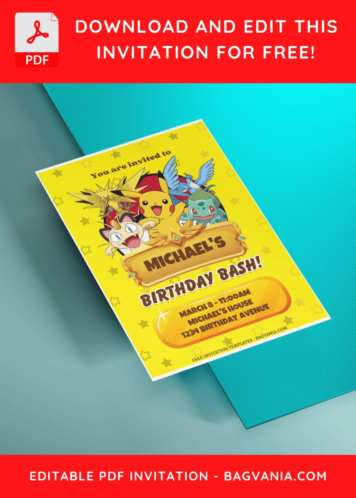(Free Editable PDF) A Galaxy Of Fun Pokemon Themed Birthday Invitation Templates with Bulbasaur