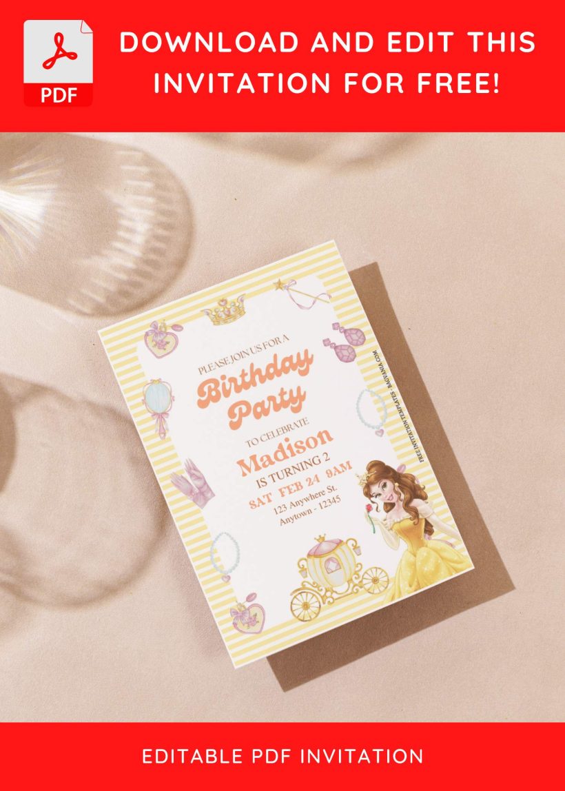 (free Editable Pdf) Cute Belle Beauty And The Beast Birthday Invitation 