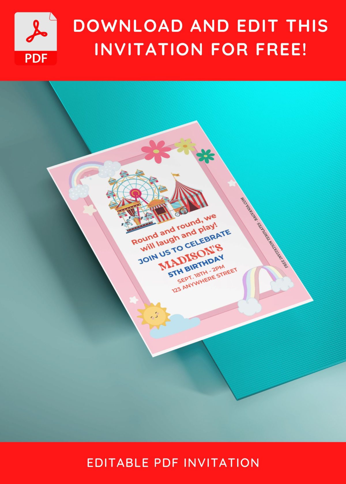 (Free Editable PDF) Cute Merry Go Round Birthday Invitation Templates E