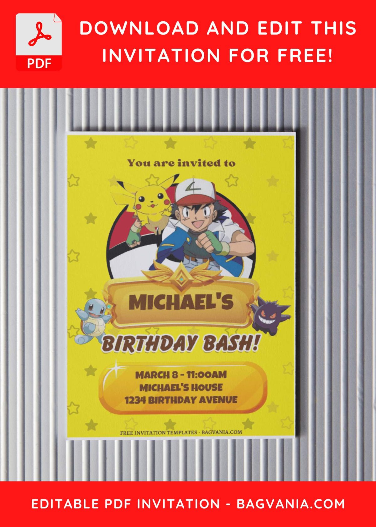 (Free Editable PDF) A Galaxy Of Fun Pokemon Themed Birthday Invitation Templates with yellow background