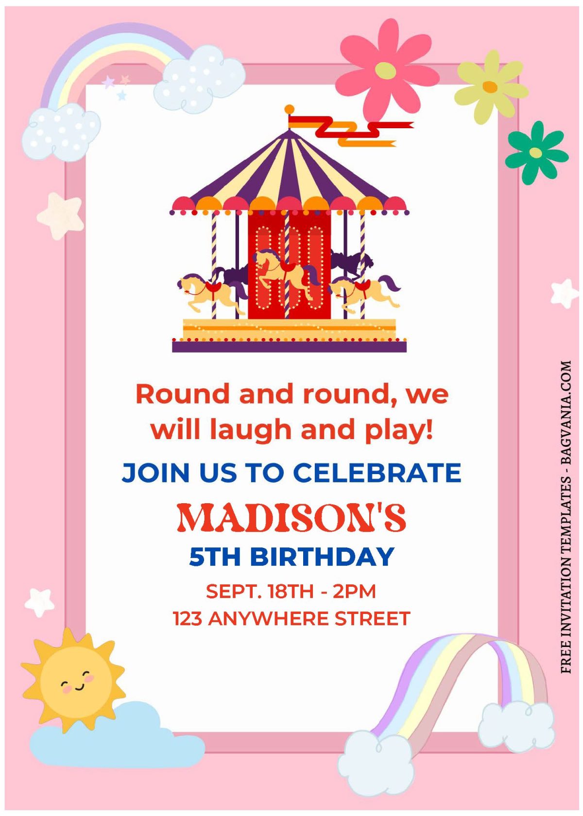 (Free Editable PDF) Cute Merry Go Round Birthday Invitation Templates C