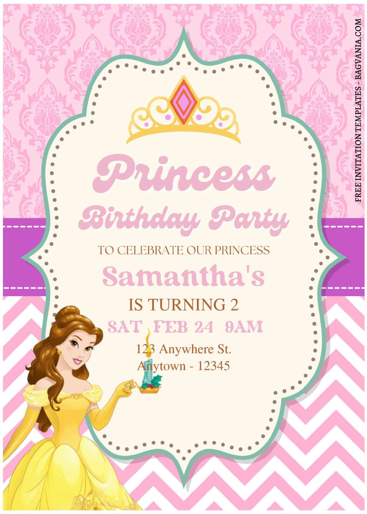 (Free Editable PDF) Disney Princess Party Magic Birthday Invitation Templates with princess belle beauty and the beast