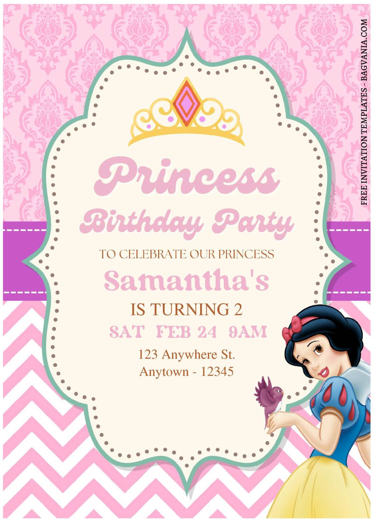 (Free Editable PDF) Disney Princess Party Magic Birthday Invitation Templates with cute pink vintage background