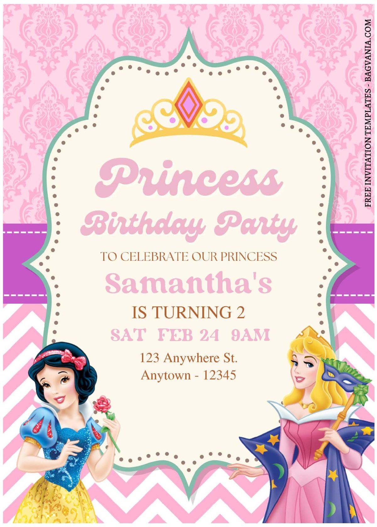 (Free Editable PDF) Disney Princess Party Magic Birthday Invitation Templates with pink chevron background