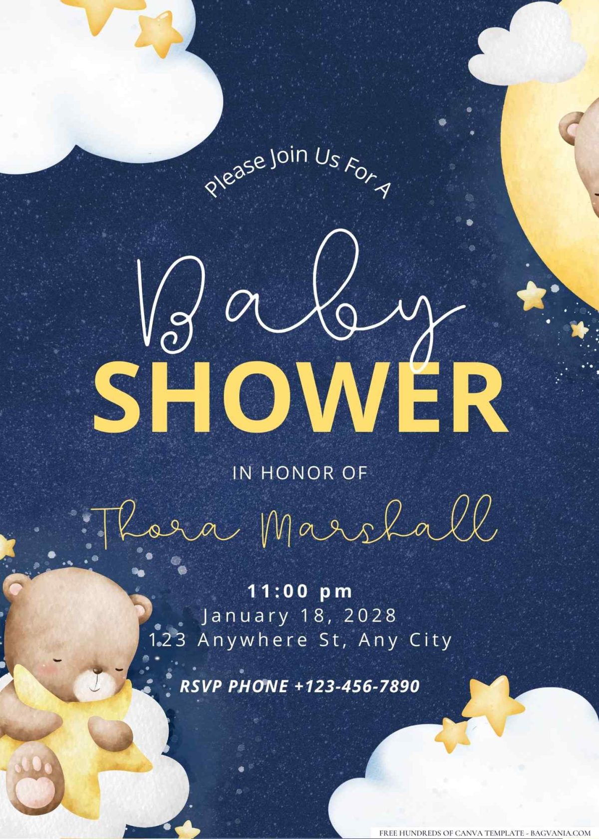 FREE Editable A Star Teddy Bear Sleeping Baby Shower Invitation