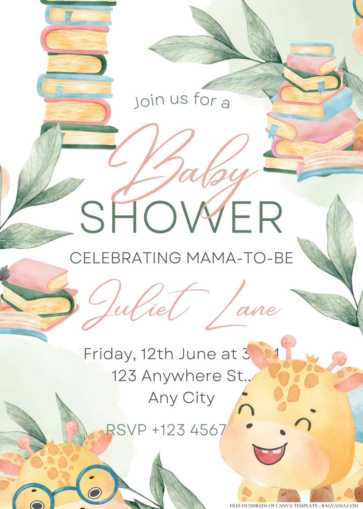 FREE Editable Books Giraffe Baby Shower Invitation