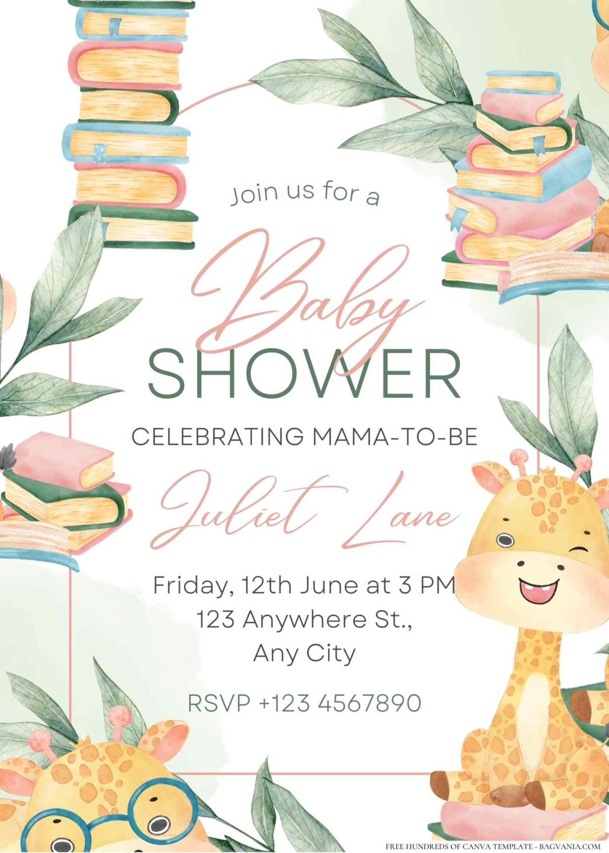 FREE Editable Books Giraffe Baby Shower Invitation