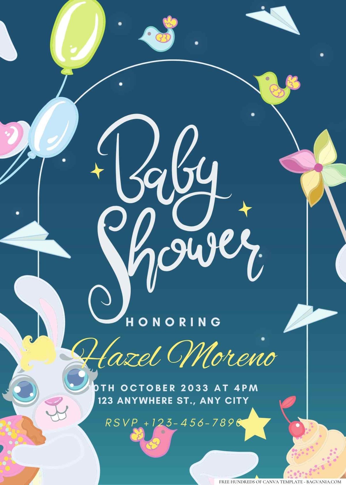 FREE Editable Bunny With Night Sky Baby Shower Invitation