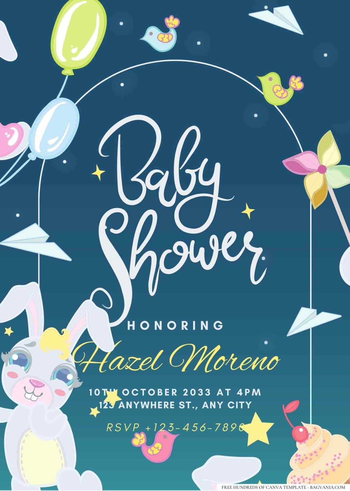 FREE Editable Bunny With Night Sky Baby Shower Invitation