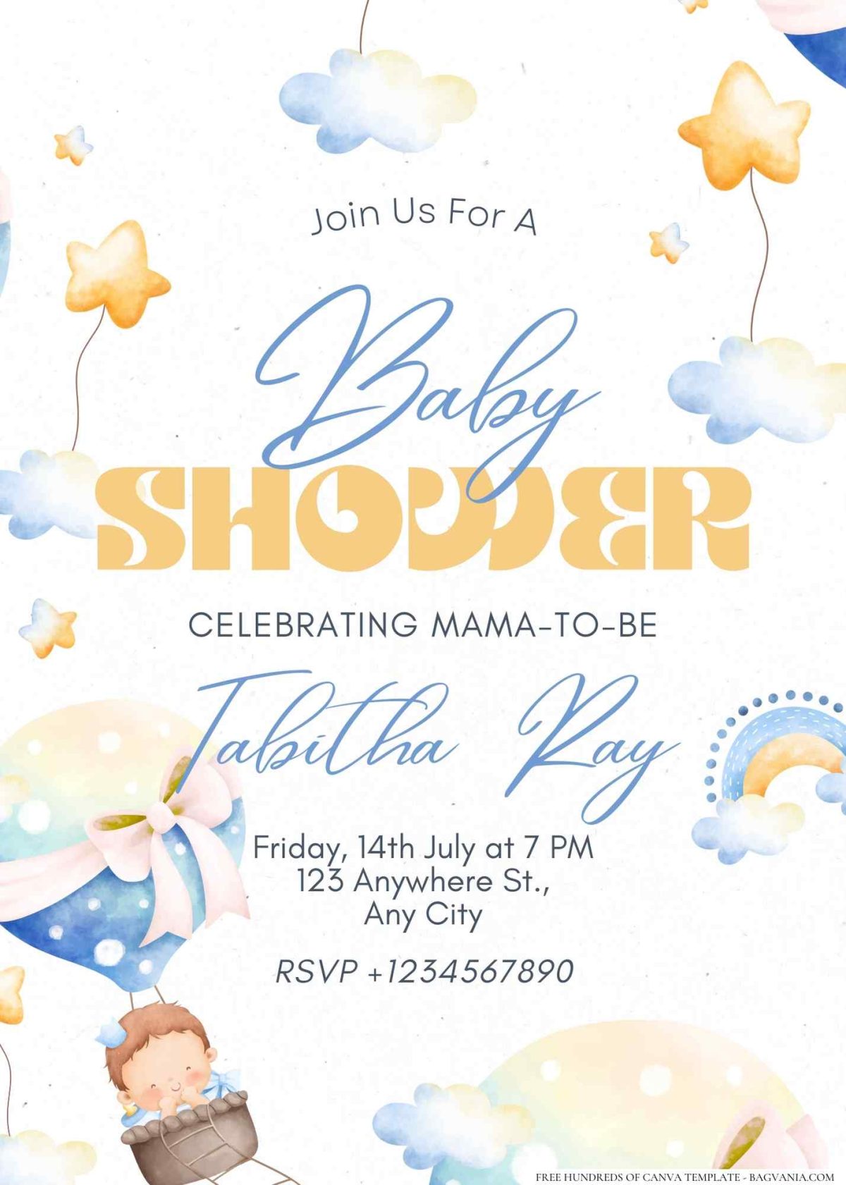 FREE Editable Cute Baby Boy In Sky Baby Shower Invitation