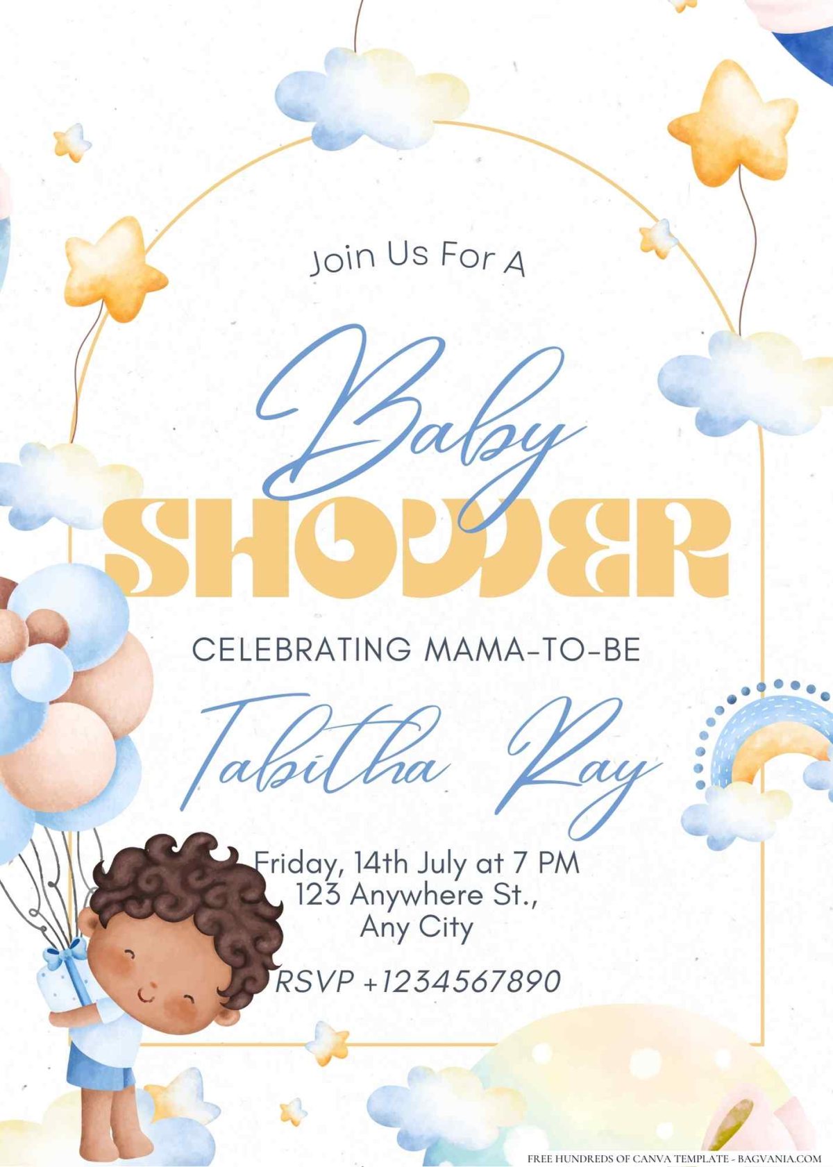 FREE Editable Cute Baby Boy In Sky Baby Shower Invitation