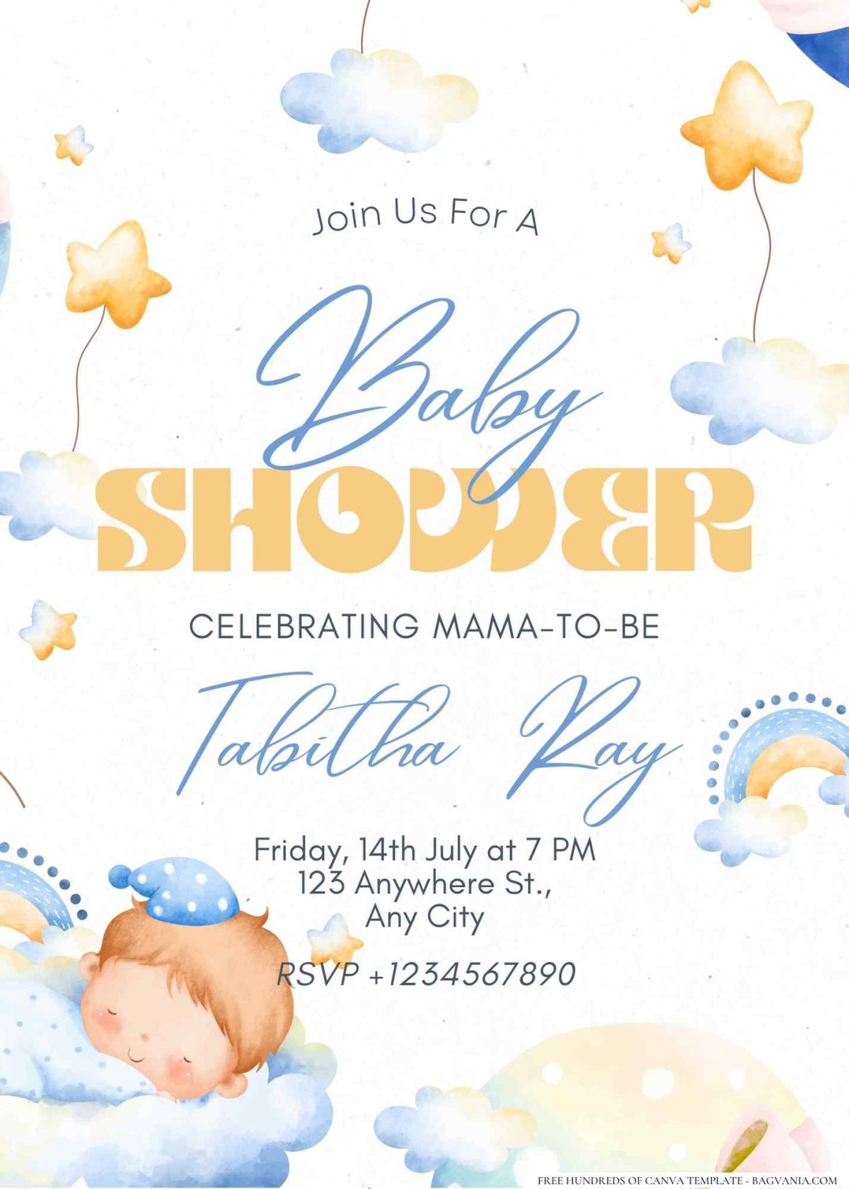 FREE Editable Cute Baby Boy In Sky Baby Shower Invitation