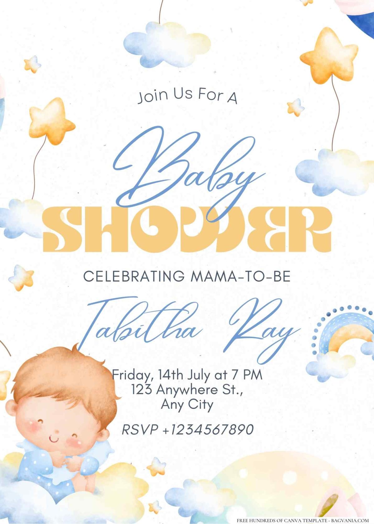 FREE Editable Cute Baby Boy In Sky Baby Shower Invitation