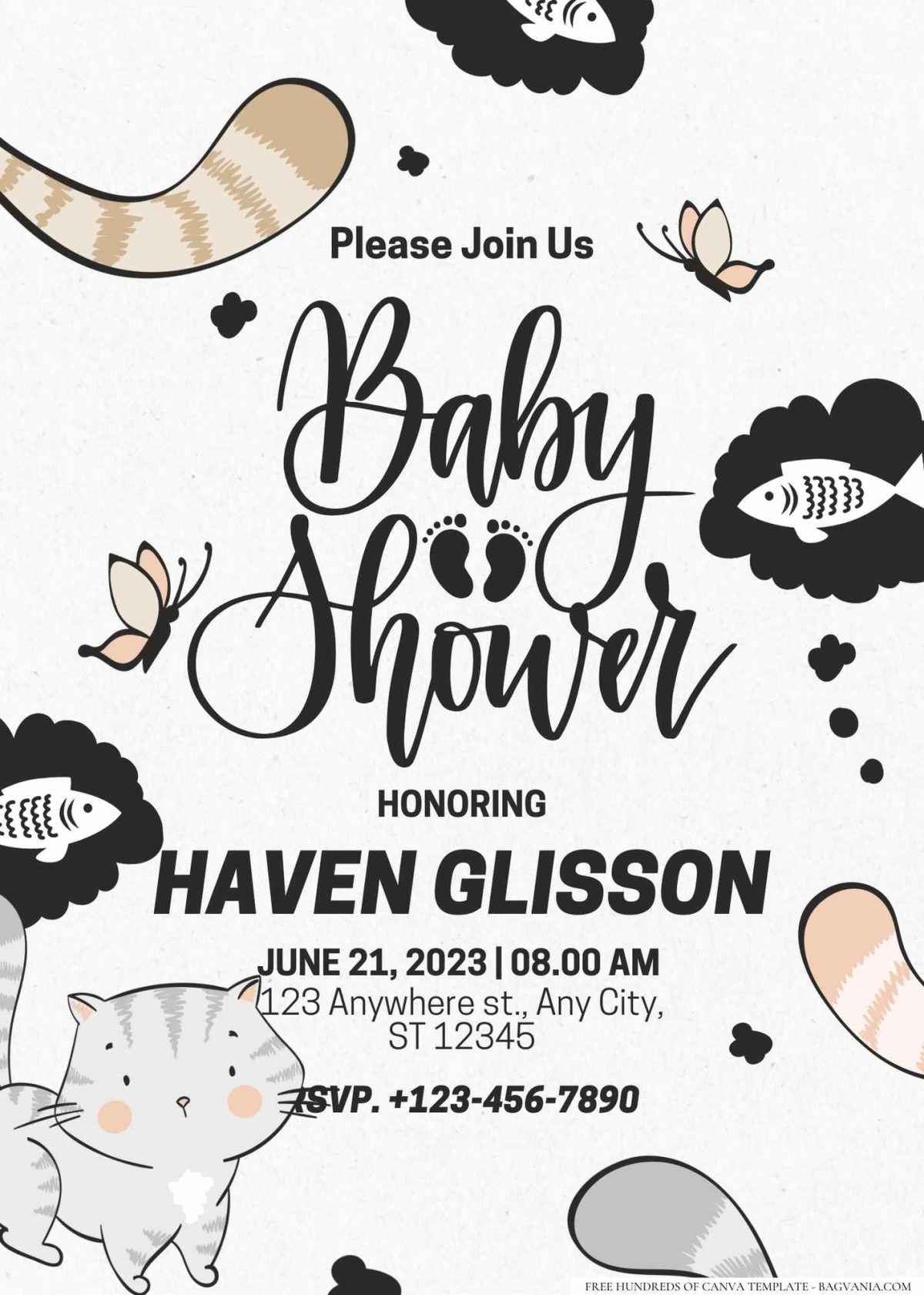 FREE Editable Cute Little Cartoon Cat Baby Shower Invitation
