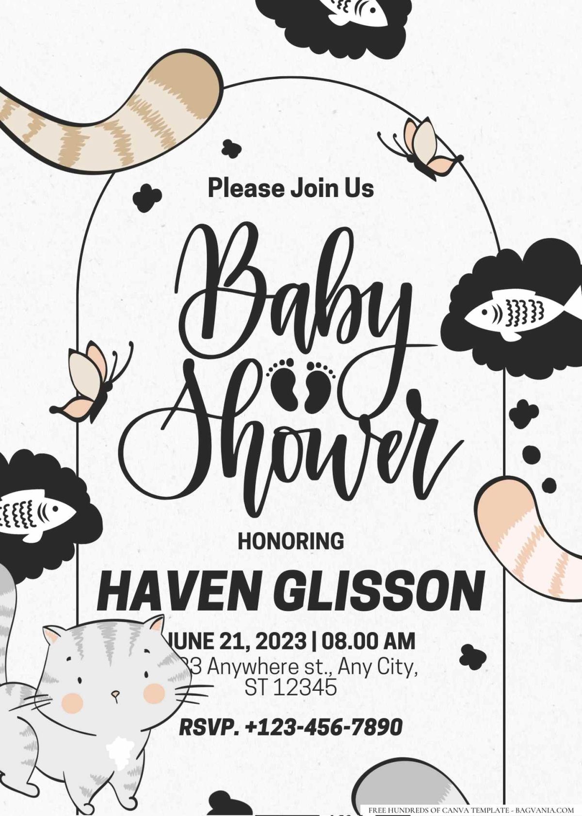 FREE Editable Cute Little Cartoon Cat Baby Shower Invitation