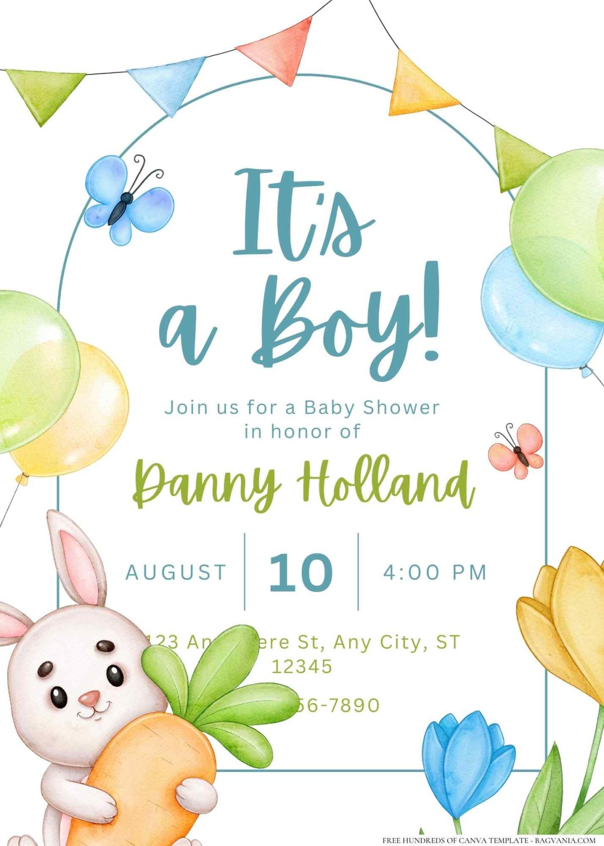 FREE Editable Cute Hare with a carrot Baby Shower Invitation