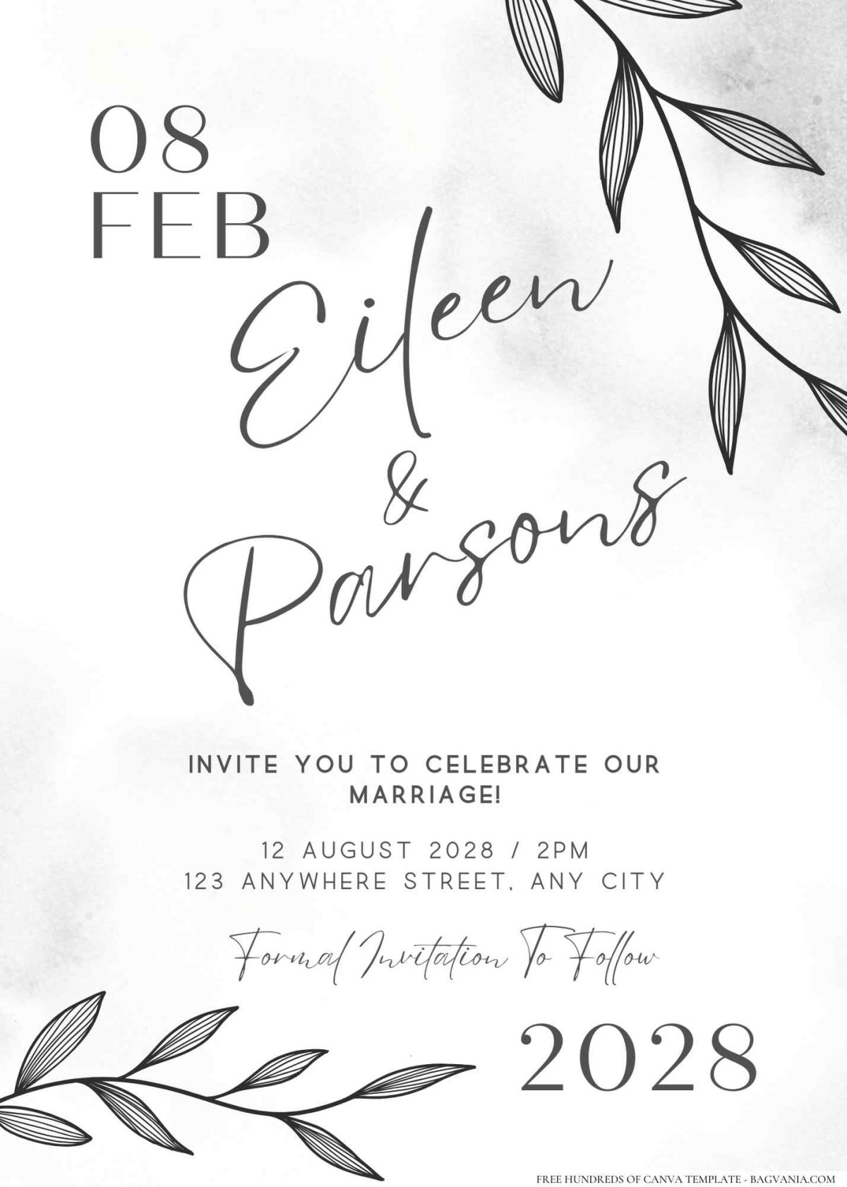FREE Editable Monochromatic black and white floral prints wedding invitation