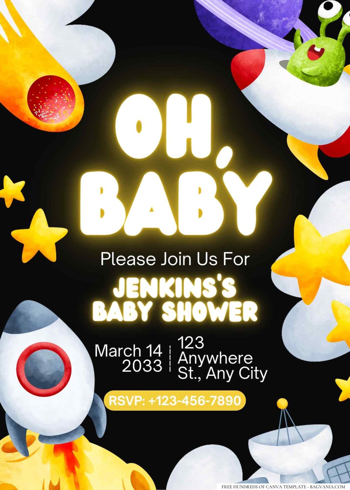 FREE Editable Out of This World Spaceship Baby Shower Invitation