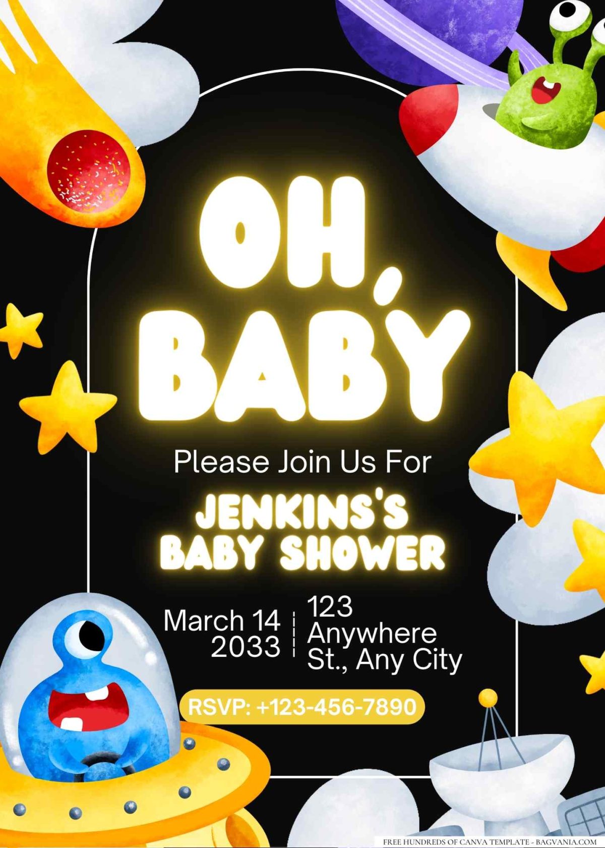 FREE Editable Out of This World Spaceship Baby Shower Invitation