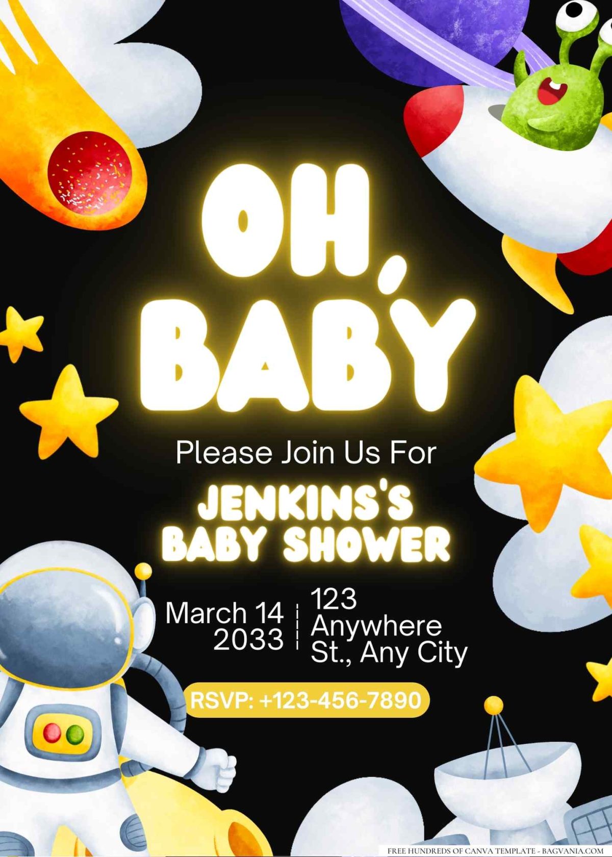 FREE Editable Out of This World Spaceship Baby Shower Invitation