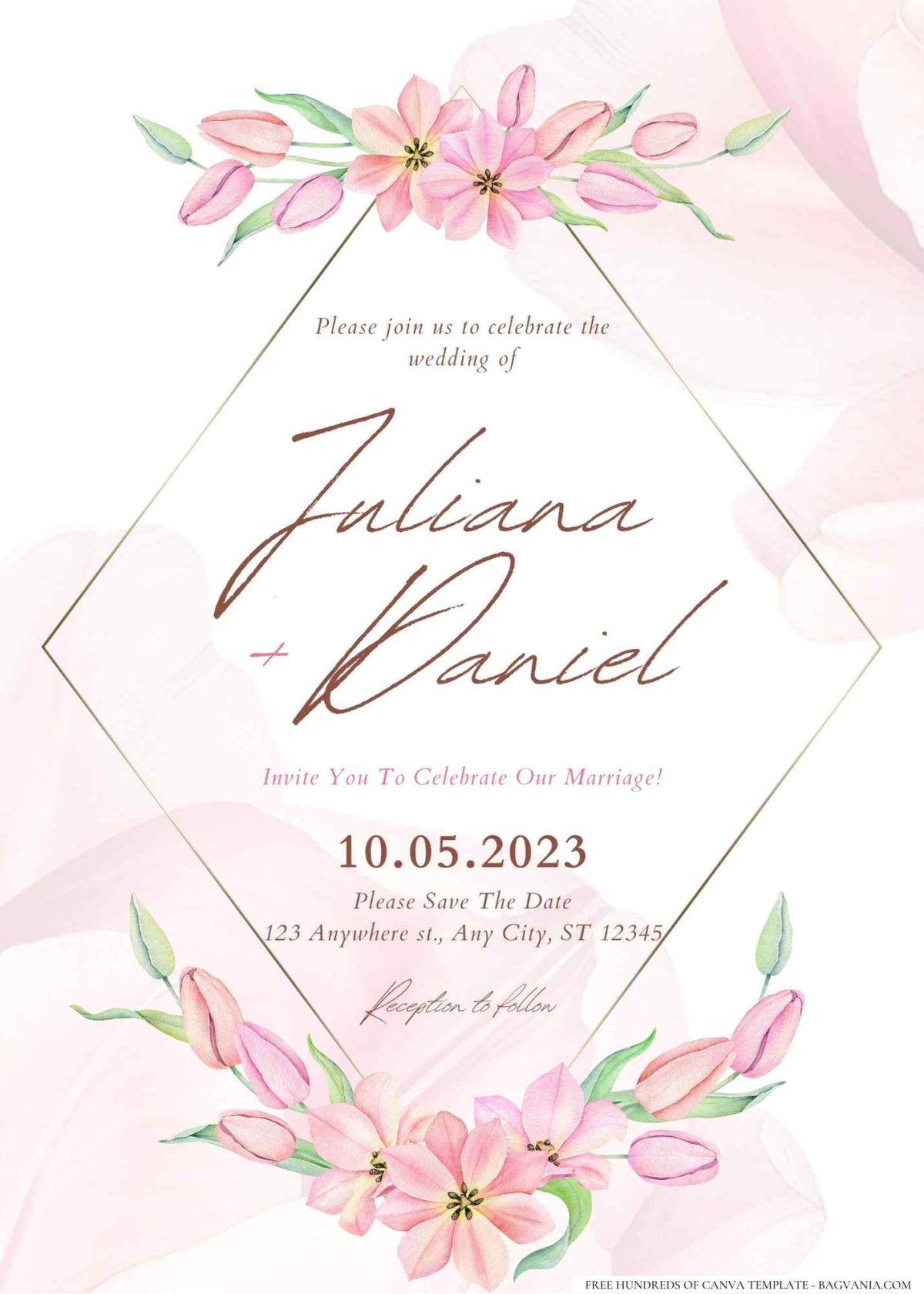 FREE Editable Pink Tulip Watercolor Floral Graphics Wedding Invitation
