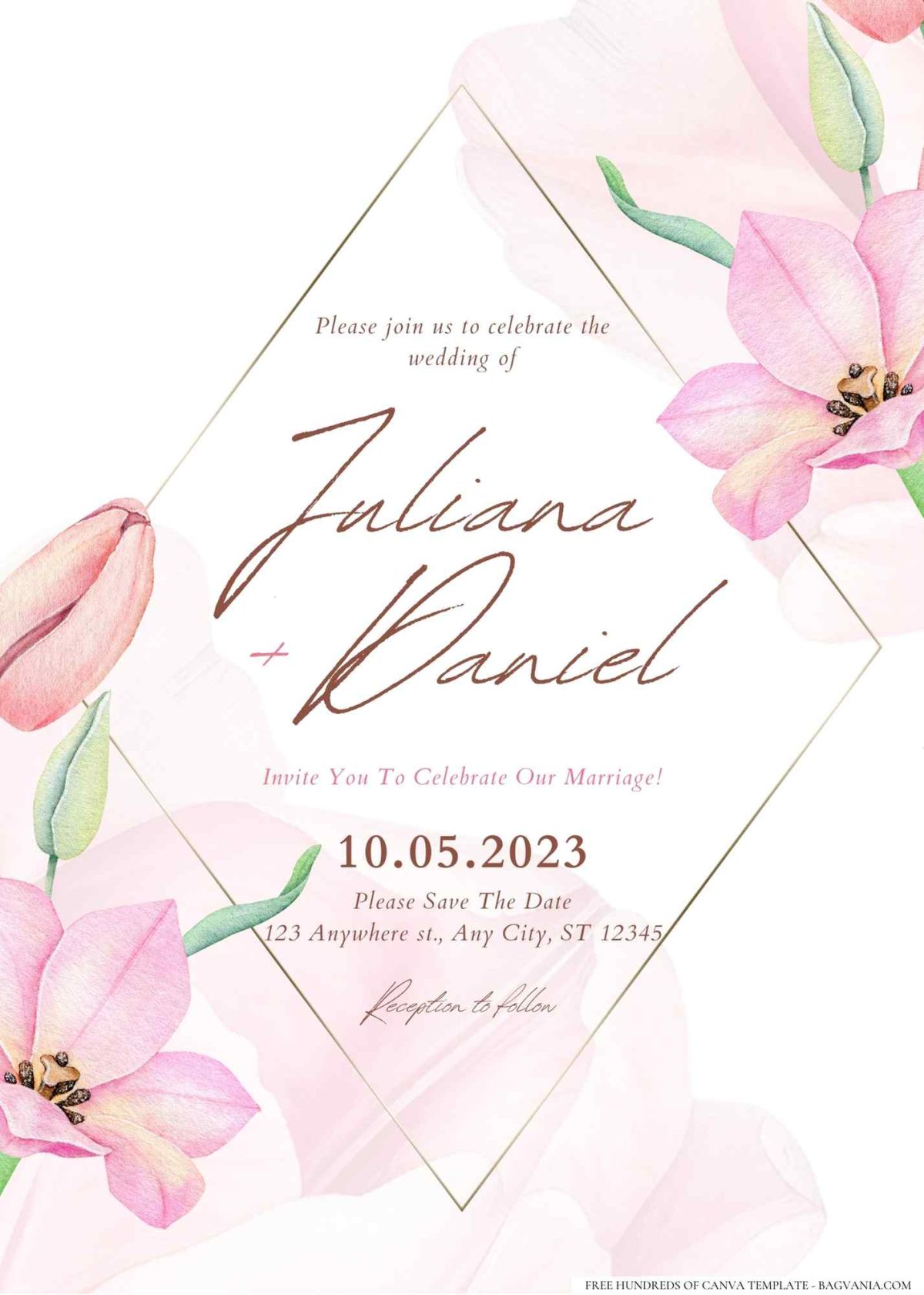 FREE Editable Pink Tulip Watercolor Floral Graphics Wedding Invitation