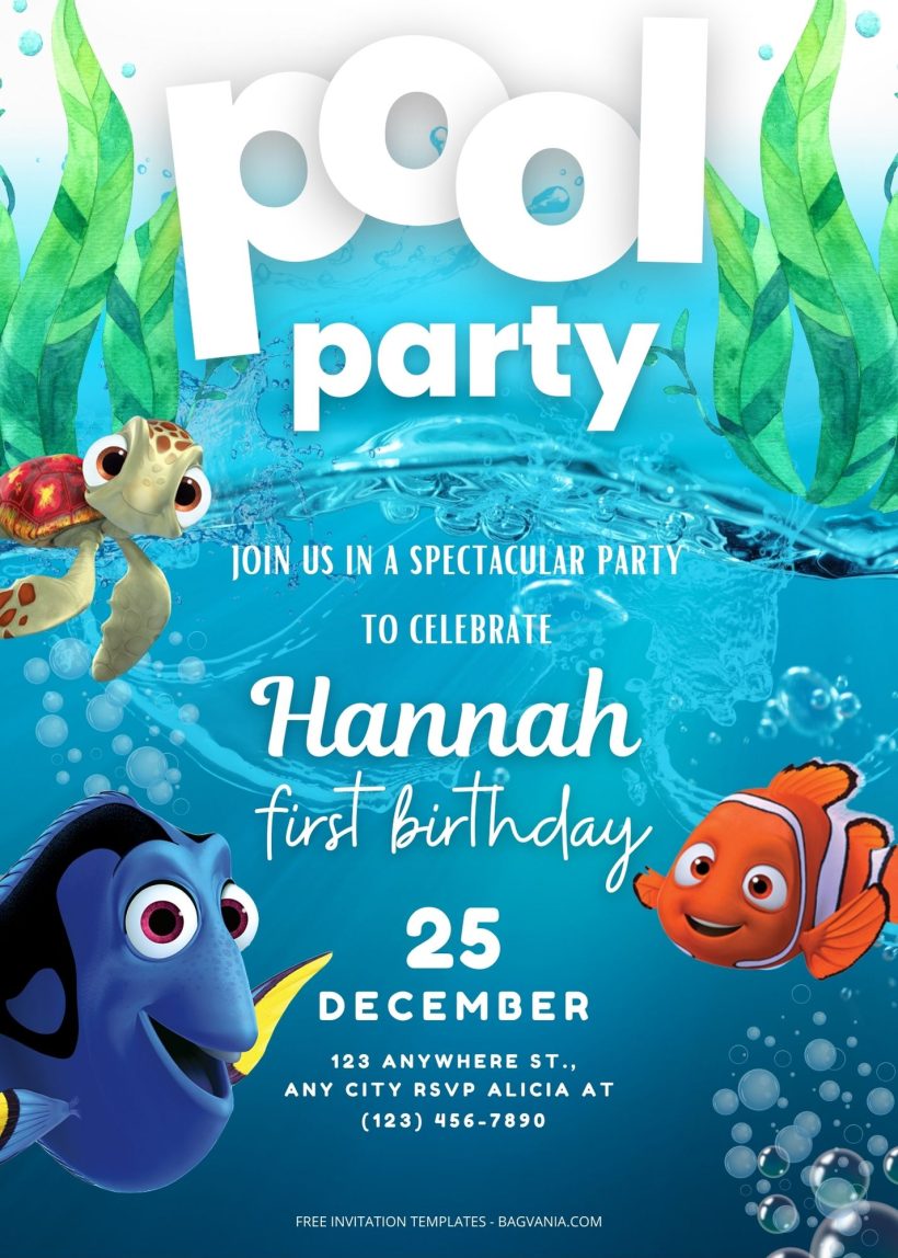 FREE Pool Party Finding Nemo Birthday Invitation Templates