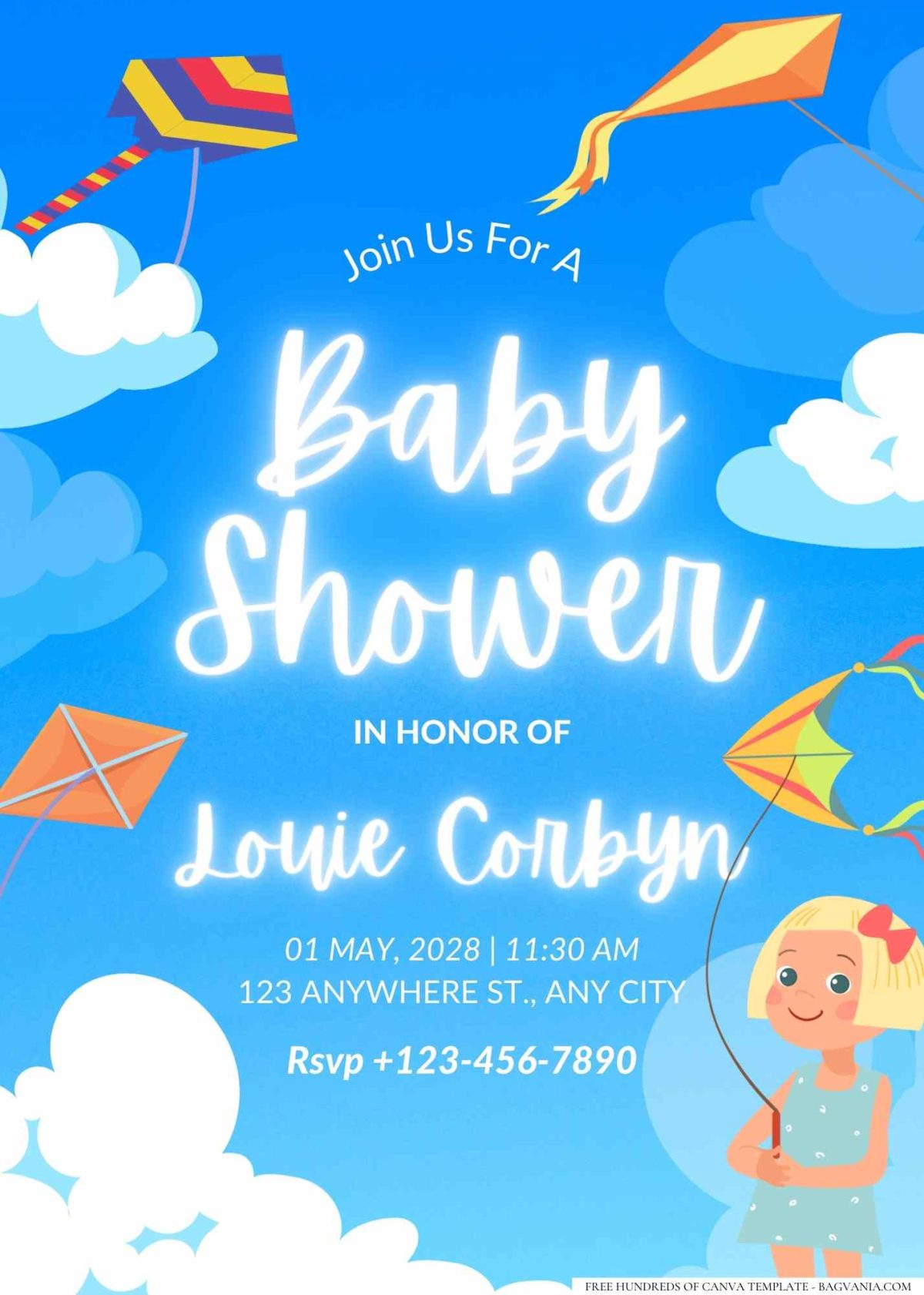 FREE Editable Kid Running with Kite Baby Shower Invitation