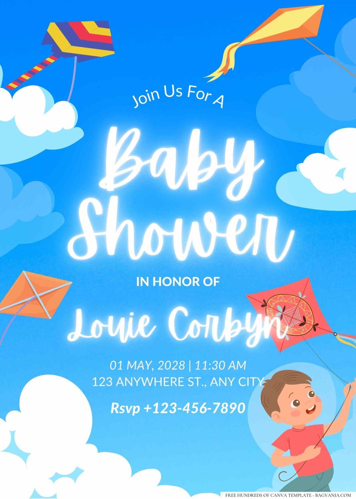 FREE Editable Kid Running with Kite Baby Shower Invitation