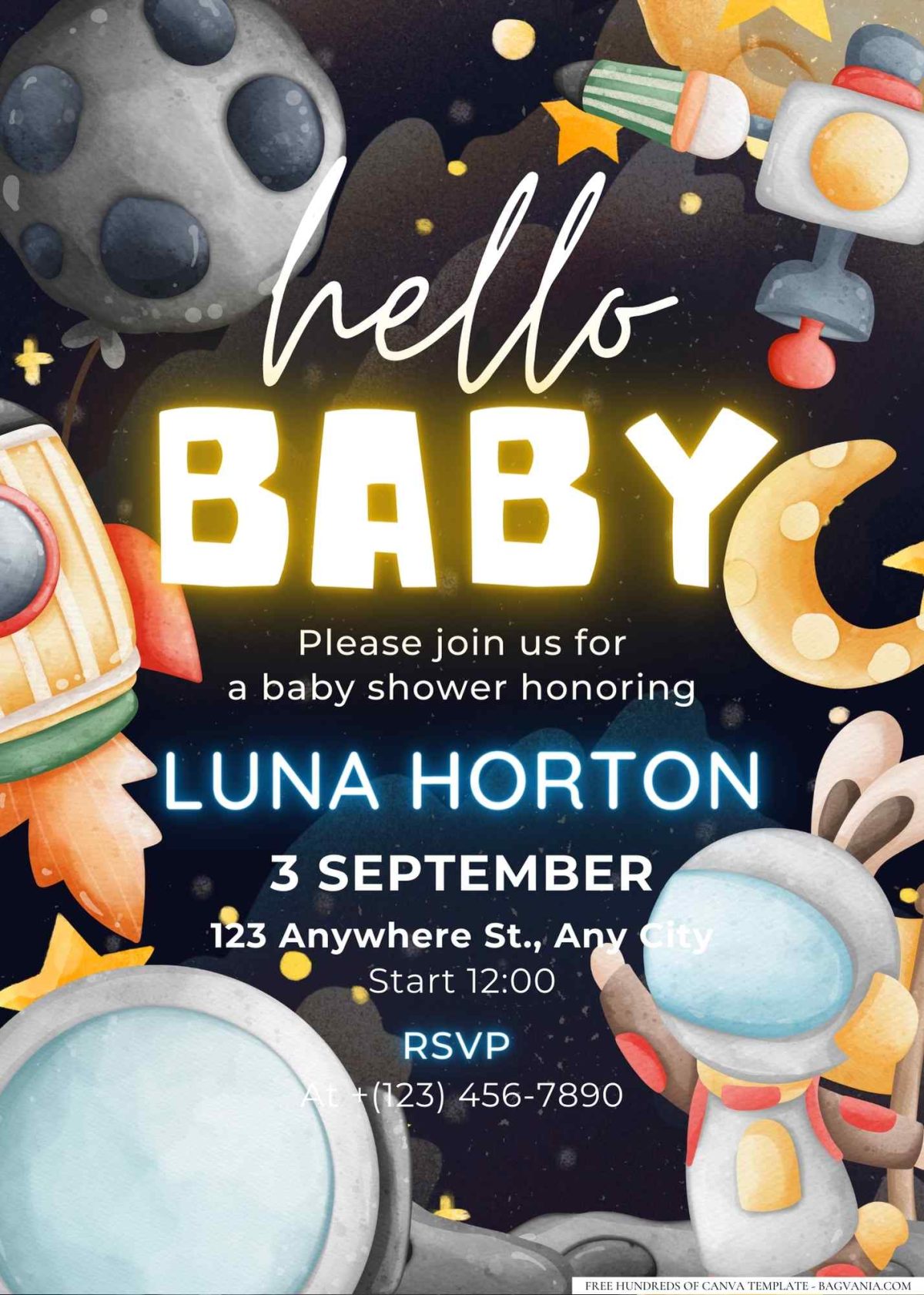 FREE Editable Space Rocket Ship Adventure Baby Shower Invitation