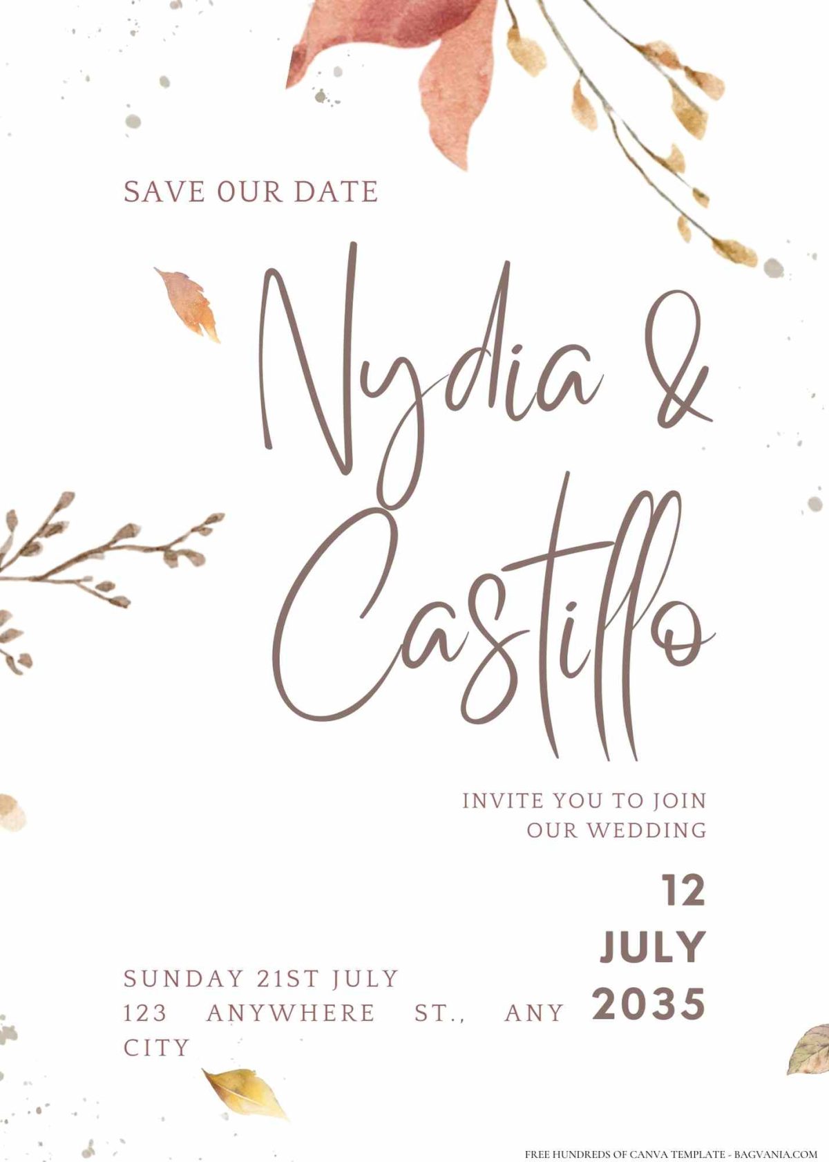 FREE Editable Watercolor Leaves Branches Wedding Invitation