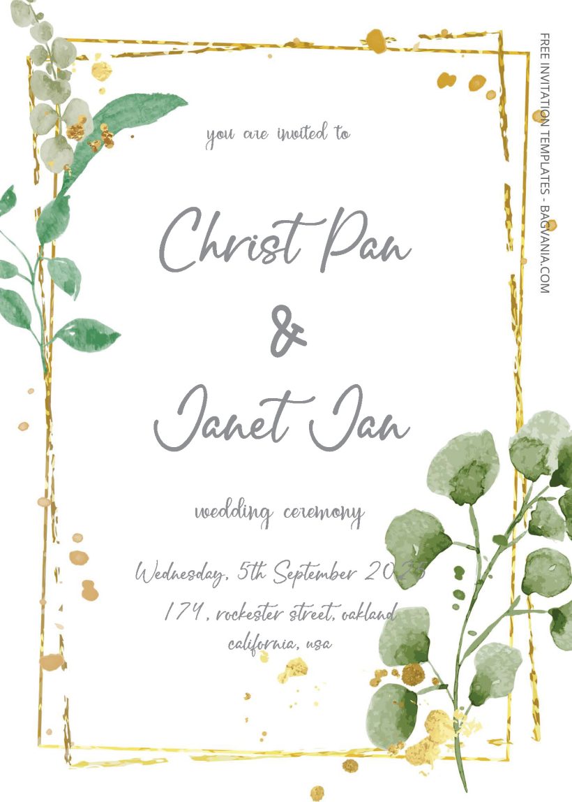 Free Editable PDF - Gold With Eucalyptus Wedding Invitation Templates 