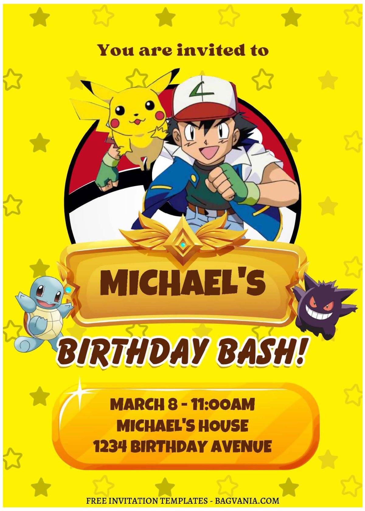 (Free Editable PDF) A Galaxy Of Fun Pokemon Themed Birthday Invitation Templates with Ash and Pikachu