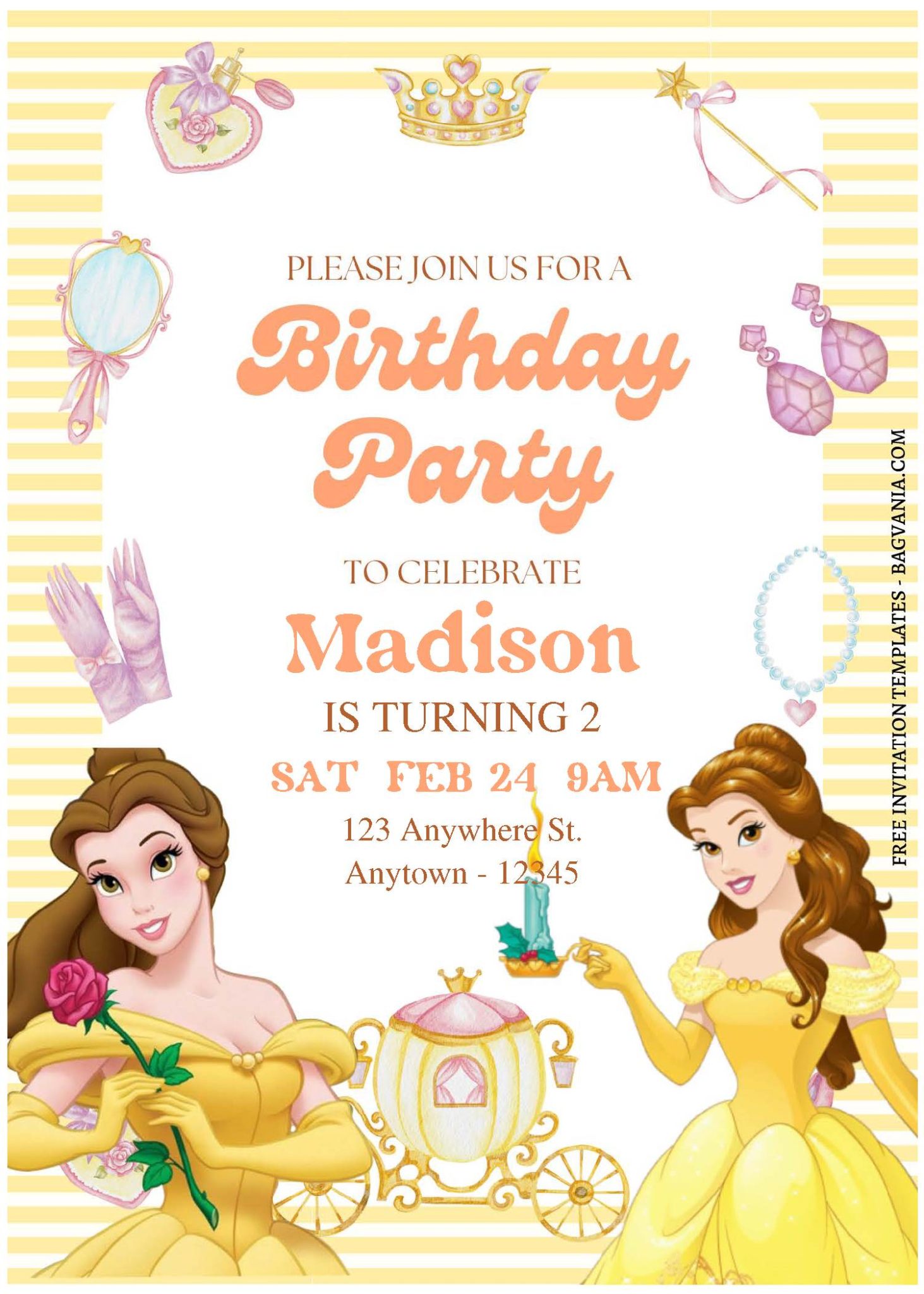 (Free Editable PDF) Cute Belle Beauty And The Beast Birthday Invitation ...