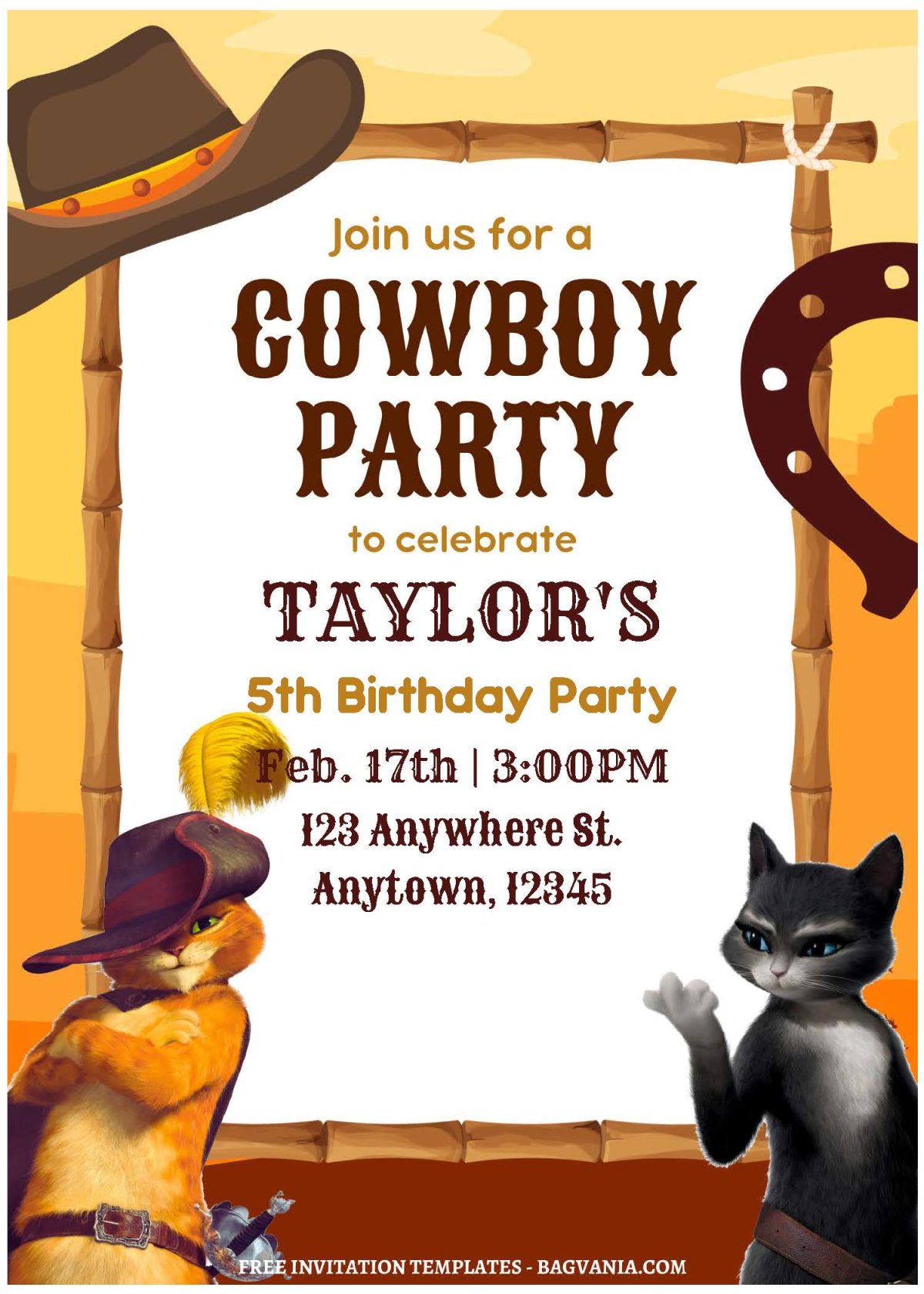 (Free Editable PDF) Puss In Boots Kids Birthday Invitation Templates with Horseshoe and cowboy hat