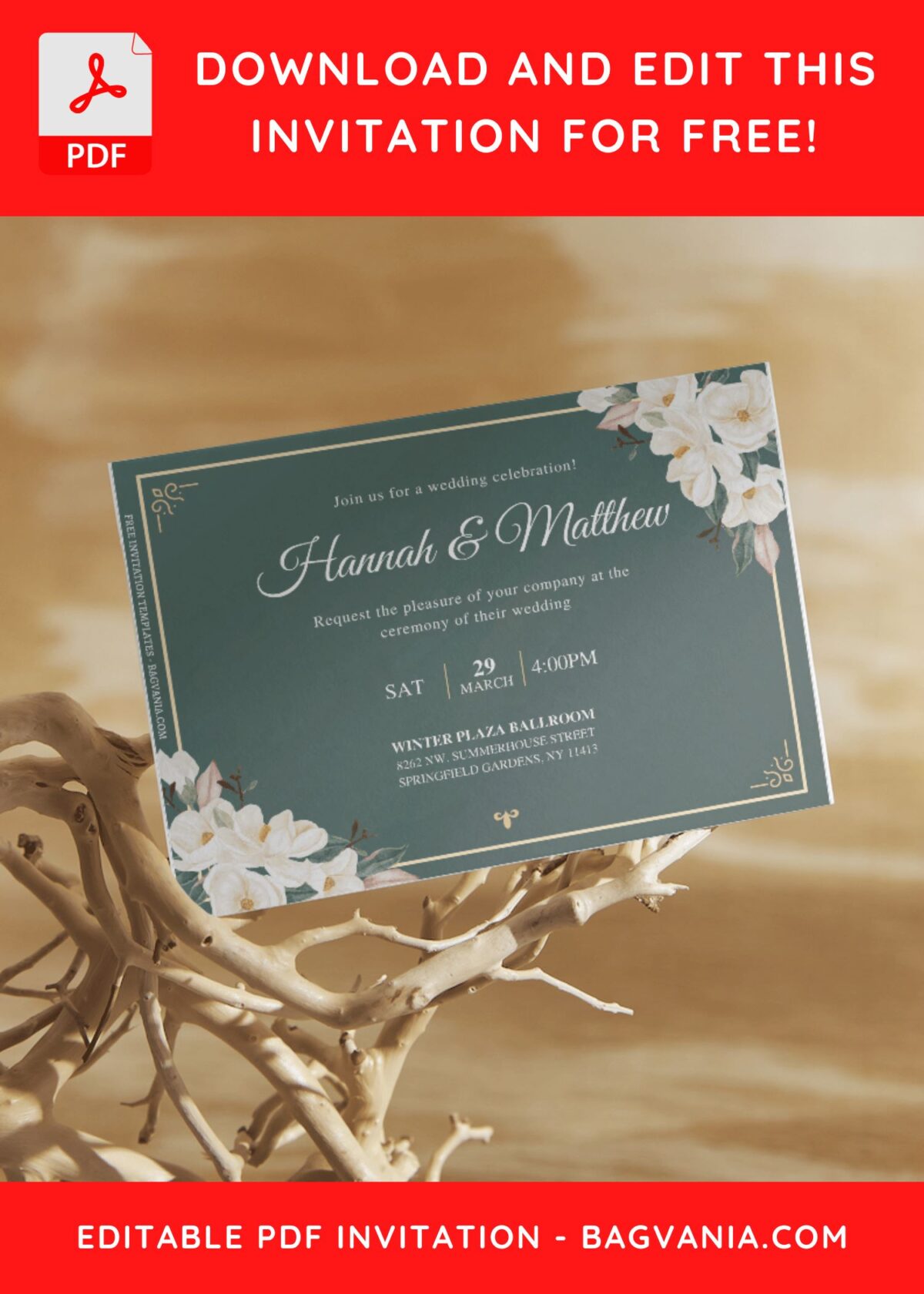 (Free Editable PDF) Timeless Magnolia And Dahlia Wedding Invitation Templates B