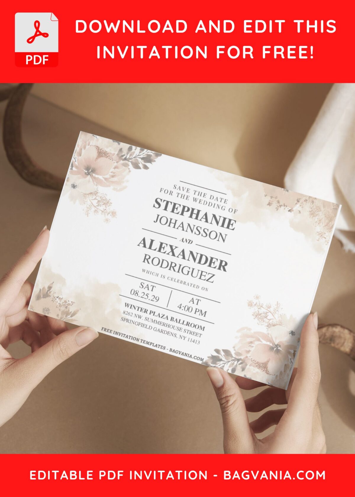 (Free Editable PDF) Subtle Elegance Floral Wedding Invitation Templates D
