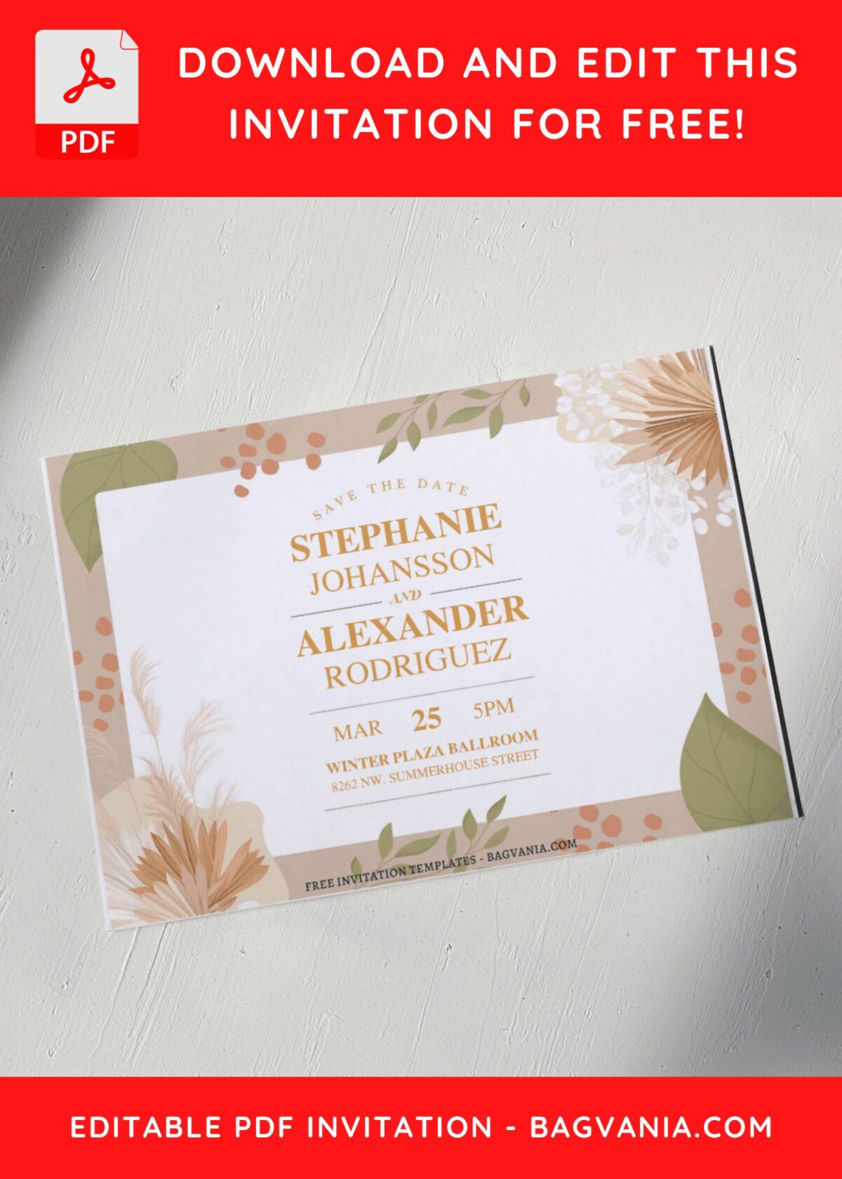 Bohemian Greenery Pampas Grass Wedding Invitation