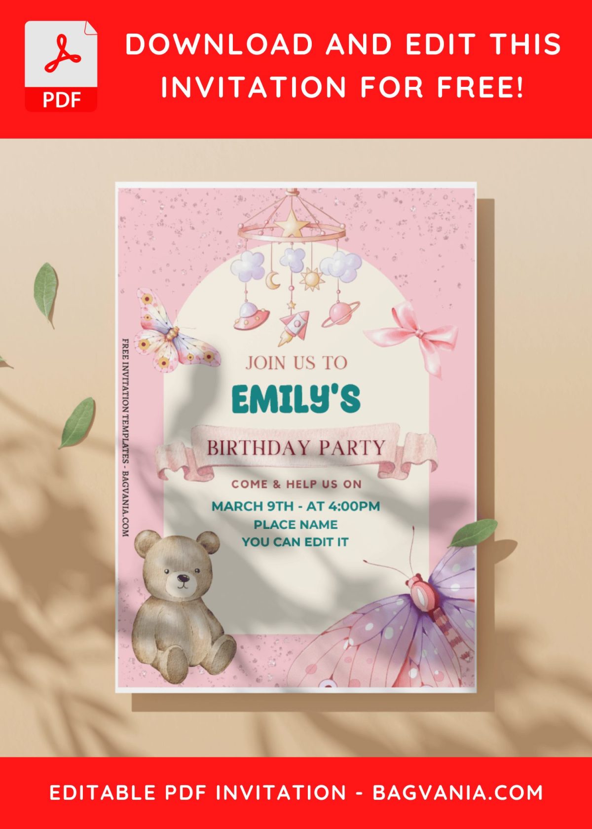 (Free Editable PDF) Whimsy Teddy Bear Birthday Invitation Templates C