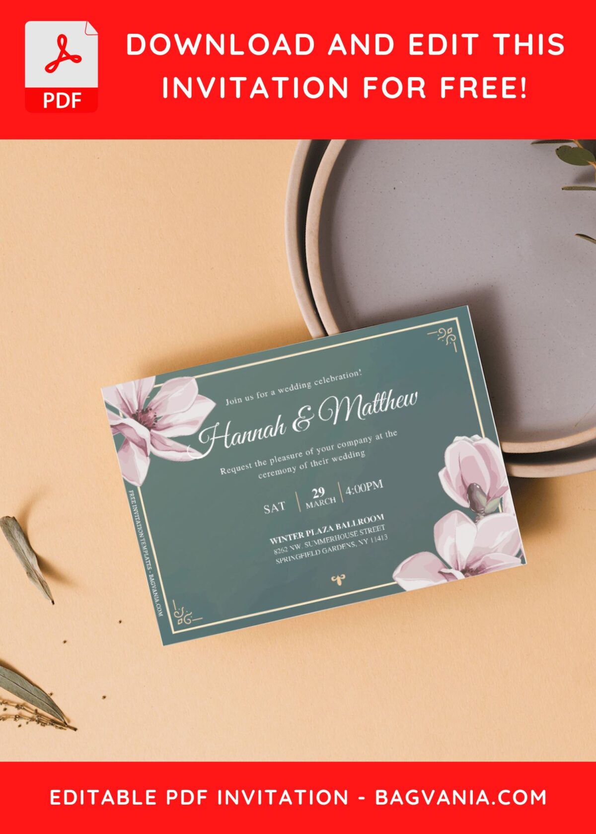 (Free Editable PDF) Timeless Magnolia And Dahlia Wedding Invitation Templates G