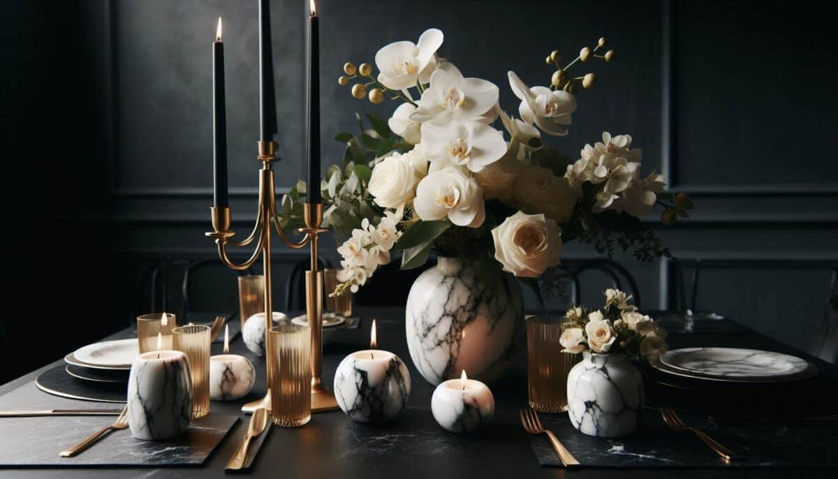 Black gold taper candles and floral centerpiece