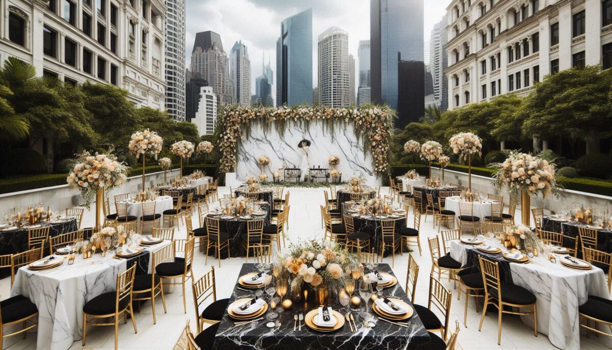 fancy black and gold wedding on rooftop terrace